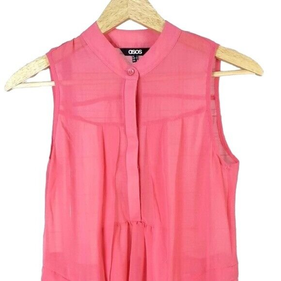 ASOS Womens Sleeveless Sheer Top Pink US 4 High-Low Button-Up Ruffle - Picture 2 of 5